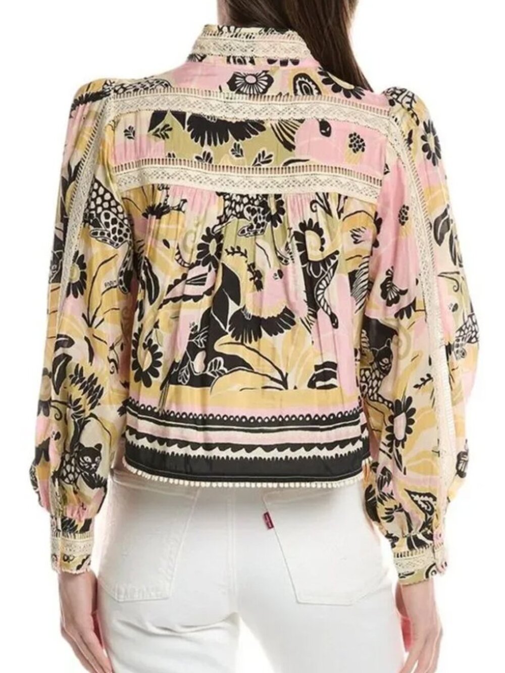 FARM RIO Vintage Forest Lace Trim Tie Bow Neck Blouse Top S Boho Designer $180 - Picture 2 of 16